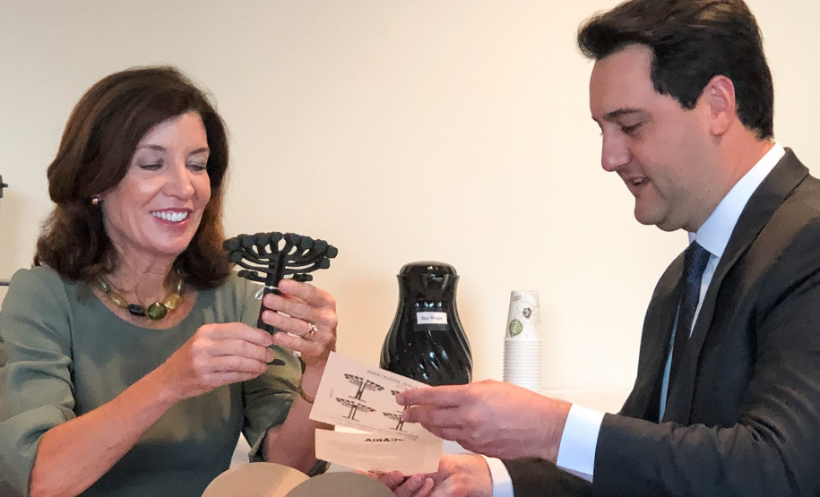 O governador Carlos Massa Ratinho Junior se reuniu nesta terça-feira (16) com a vice-governadora do estado de Nova York, Kathy Hochul, e propôs parcerias em diversas áreas, mas principalmente em agricultura, segurança pública e uso de tecnologia para melhorar a vida dos cidadãos. O intuito é fortalecer modelos de gestão entre os dois Estados para ampliar oportunidades de desenvolvimento econômico e social. Foto: Divulgação/ANPr