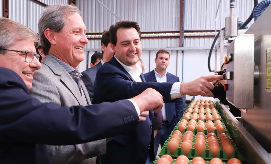 O governador Carlos Massa Ratinho Junior participou nesta terça-feira (23), em Cascavel, do evento de certificação SISBI (Sistema Brasileiro de Inspeção de Produtos de Origem Animal) para a Granja Refem, que desenvolve um projeto pioneiro no Estado de produção de ovos a partir da criação de galinhas sem gaiola. Foto: Rodrigo Felix Leal/ANPr