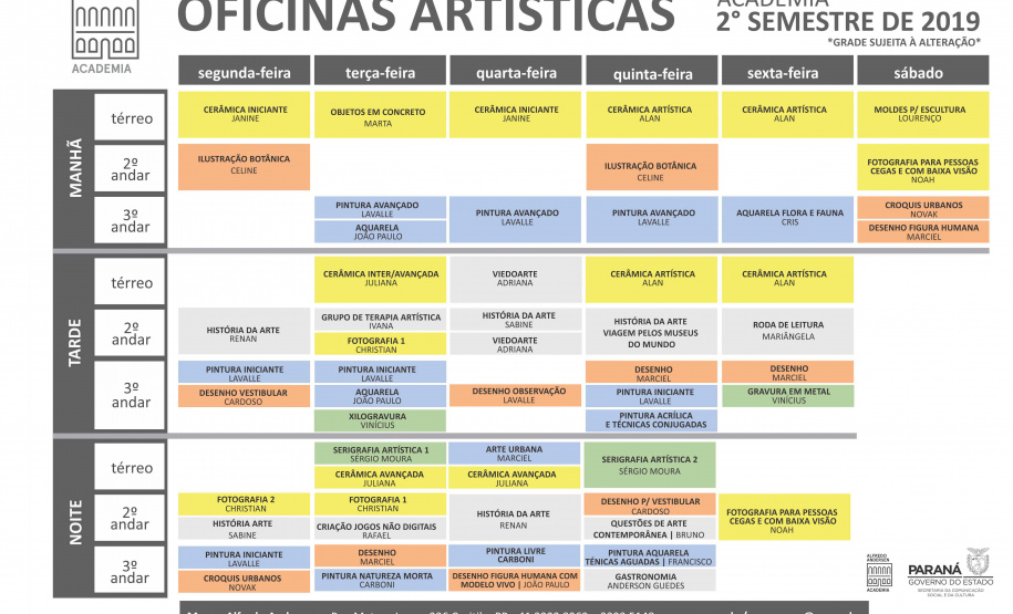 Essa é a última semana de inscrições para quem quiser participar dos cursos de arte do 2º semestre da Academia Andersen, espaço de oficinas do Museu Casa Alfredo Andersen (MCAA). As matrículas podem ser feitas até esta sexta-feira (2). As aulas iniciam na segunda-feira (5).