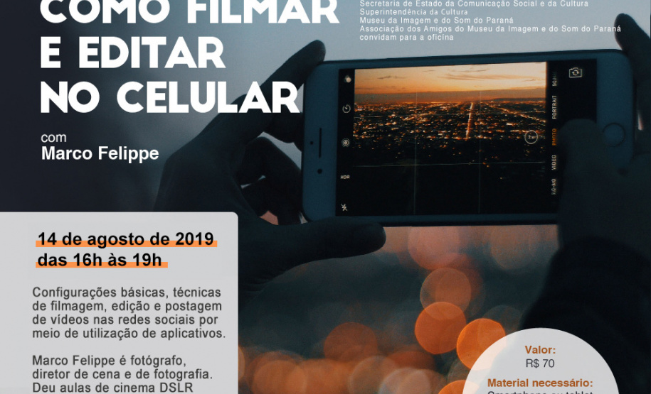 Quem estiver inscrito irá aprender configurações básicas, técnicas de filmagem, edição e postagem de vídeos nas redes sociais por meio da utilização de aplicativos.  
Curitiba-06/08/2019     Foto: Divulgação/MIS/PR