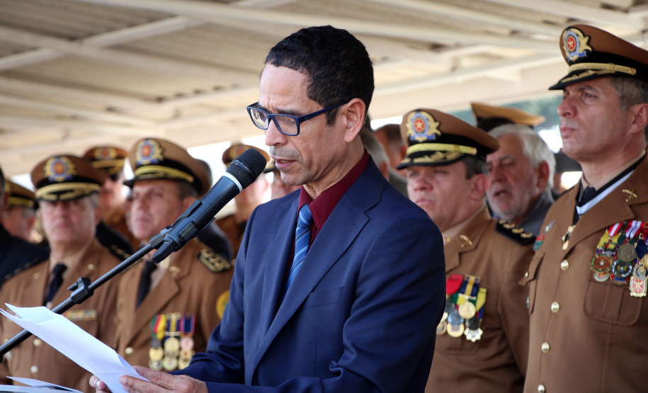 São José dos Pinhais, 09 de agosto de 2019. Solenidade alusiva ao Aniversário da PMPR. Foto: Secretário de Segurança Pública, Coronel Rômulo Marinho Soares.
