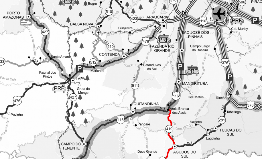 Três rodovias da Região Metropolitana de Curitiba, próximas a Santa Catarina, estão sendo recuperadas pelo Departamento de Estradas de Rodagem do Paraná (DER/PR)