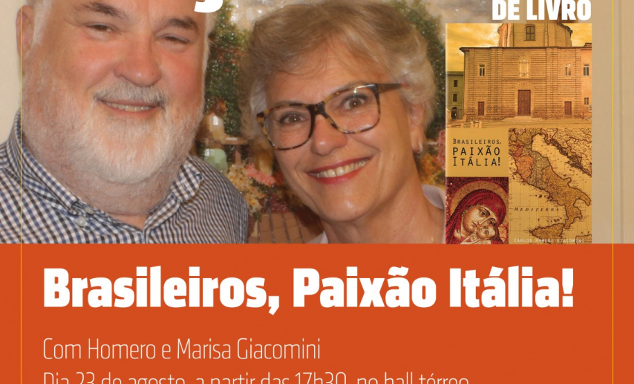 A Biblioteca Pública do Paraná recebe nesta sexta-feira (23), a partir das 17h30, o evento de lançamento do livro Brasileiros, Paixão Itália!, de Homero e Marisa Giacomini. São 23 crônicas sobre a temporada de um ano que o casal passou na pequena cidade italiana de Jesi, localizada na província de Ancona. O encontro acontece no hall térreo, com entrada gratuita. Foto: Divulgação/BPP