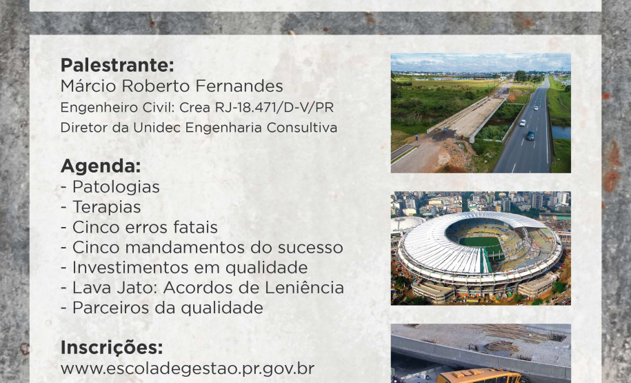 Palestra apresentará desafios e soluções nas obras públicas.