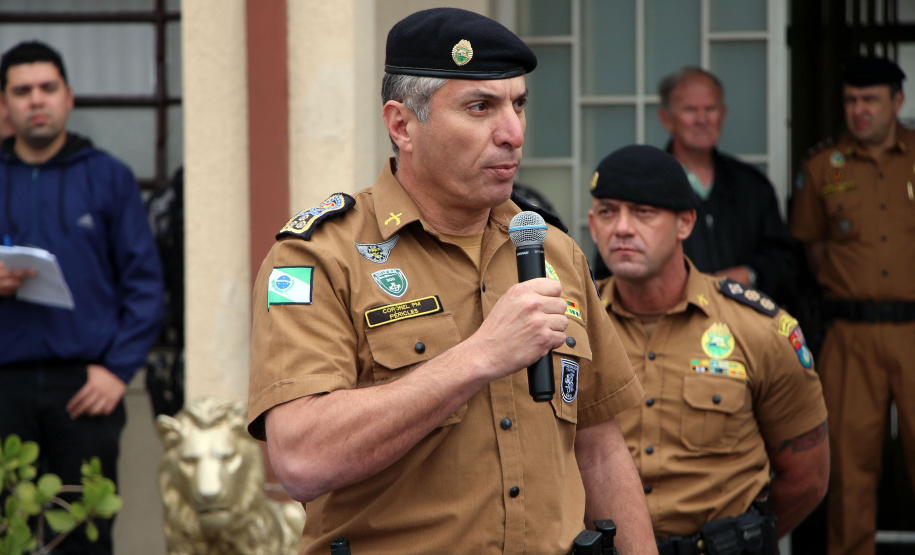 28-08-2019 Policiais Militares promovidos em 10 de agosto são homenageados. Curitiba, 28 de agosto de 2019. Policiais Militares promovidos em 10 de agosto são homenageados. Foto: Cel. QOPM Péricles de Matos, Comandante-Geral da PMPR.