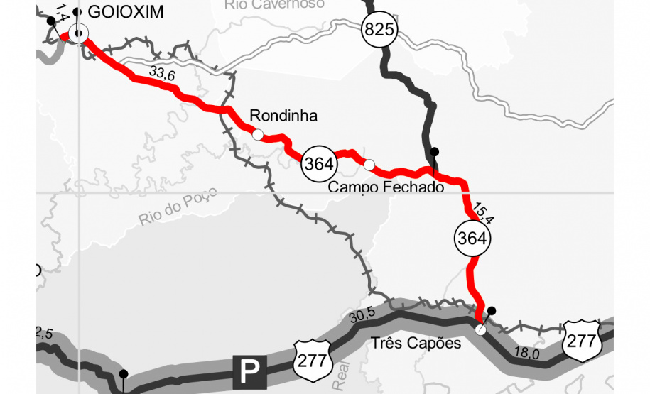 A PR-364, na região Centro-Oeste, está recebendo melhoria no trecho entre a BR-277, próximo a Guarapuava, até o final da pista pavimentada, logo após Goioxim, em uma extensão de 50,4 quilômetros. A rodovia recebe camada de Concreto Betuminoso Usinado a Quente (CBUQ), seguida pela compactação do material (reperfilagem descontínua em pontos críticos). O procedimento é realizado para corrigir o desgaste e as deformações que surgem na pista, causados pela ação do clima ou tráfego de veículos.