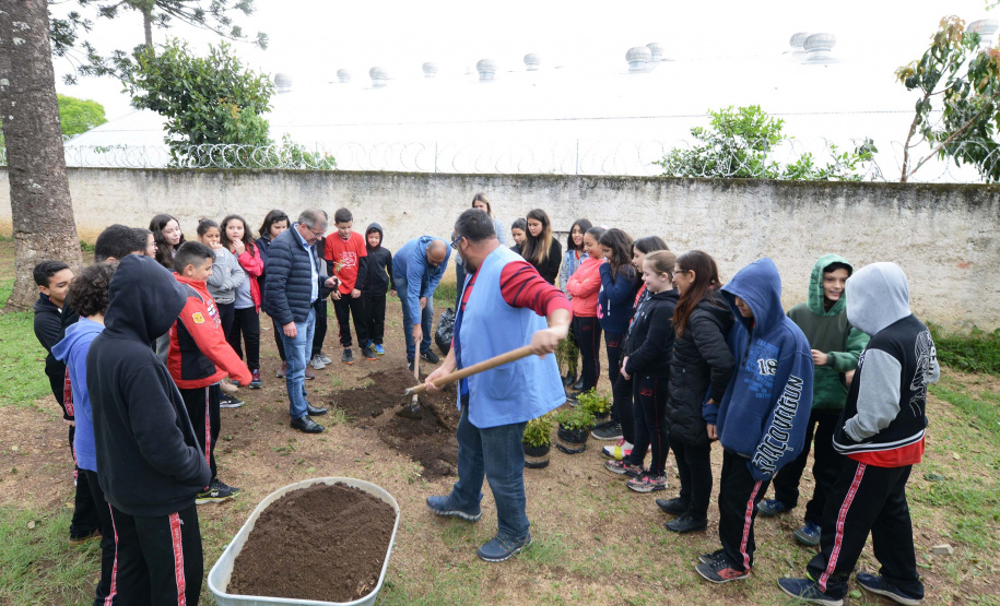 O presidente da Companhia de Habitação do Paraná (Cohapar), Jorge Lange, participou do lançamento do Programa Paraná Mais Verde com o plantio de mudas de pitangueiras junto com alunos do Colégio Estadual Arnaldo Faivro Busato, em Pinhais.Foto: Bianca Breus/Cohapar
