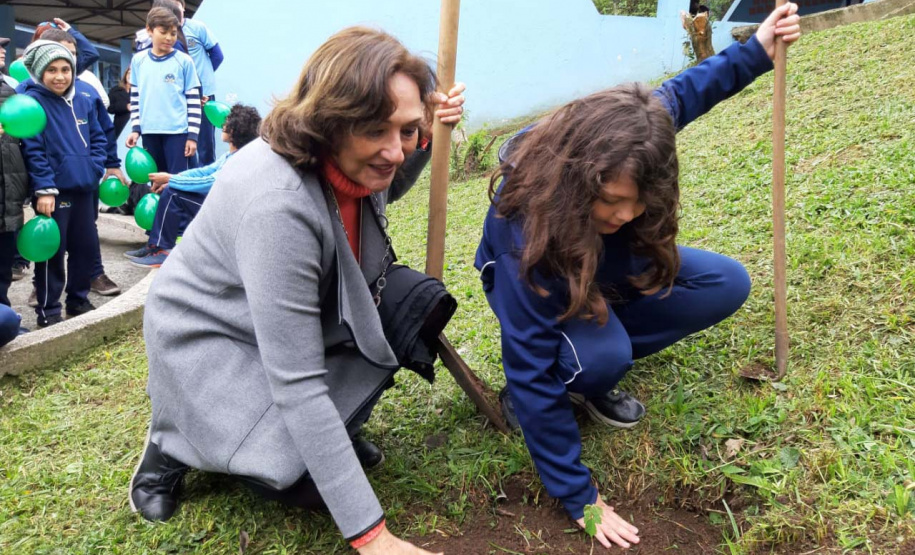 Miriam Karam - representando o secretário da Fazenda, René Garcia, participa do plantio de árvore no Colégio Estadual Jaime Canet. Foto: Divulgação/SESA