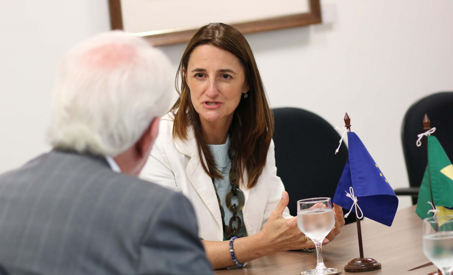 O vice-governador Darci Piana recebeu nesta terça-feira (8) a chefe de Delegação Adjunta da União Europeia (UE) no Brasil, Ana Beatriz Martins. Na reunião, foram discutidos temas de interesse do Governo do Estado, como a janela para investimentos estrangeiros em infraestrutura (rodovias e ferrovias) e projetos de turismo e comércio bilateral, além do acordo Mercosul-UE. Foto: Camila Tonetti/Vice-governadoria