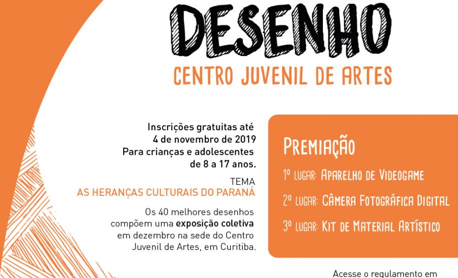 Encerra na próxima segunda-feira, 4 de novembro, o prazo de envio de material para 1º Concurso Paranaense de Desenho promovido pelo Centro Juvenil de Artes, da Secretaria de Estado da Comunicação Social e da Cultura. Voltada para crianças e adolescentes de 8 a 17 anos, essa primeira edição propõe como tema Heranças culturais do Paraná. O regulamento completo está disponível no site http://www.cjap.seec.pr.gov.br.Foto: Kraw Penas/SEEC