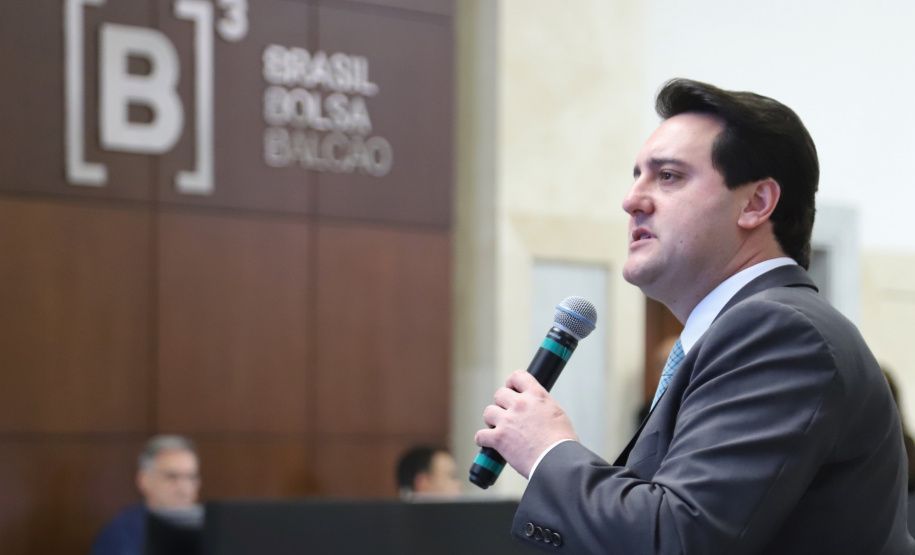 O governador Carlos Massa Ratinho Junior apresentou nesta quarta-feira (27), na Bolsa de Valores de São Paulo, as oportunidades de investimentos no Paraná. Ele destacou os potenciais do Estado, a moderna legislação sobre Parcerias Público-Privadas (PPPs) e o novo programa de concessão de rodovias, que vai abranger 4,1 quilômetros de estradas.Foto: José Fernando Ogura/AEN