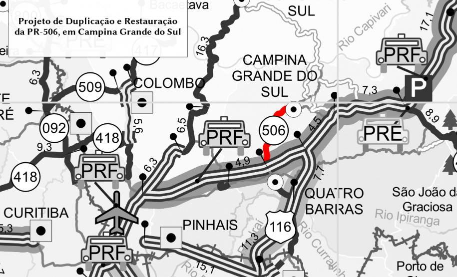 Cinco empresas e consórcios disputam a elaboração do projeto de duplicação da PR-506 no município de Campina Grande do Sul, na Grande Curitiba. O trecho inicia no quilômetro 21,7 da rodovia, na altura da interseção da PR-506 com a BR-116, próximo a Quatro Barras, e segue por aproximadamente 8,1 quilômetros em direção ao perímetro urbano de Campina Grande do Sul. Foto:DER