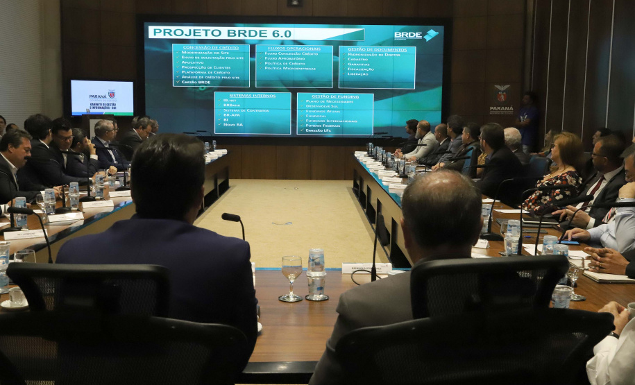 O governador Carlos Massa Ratinho Junior participa da reunião do secretariado. N/F: presidente do BRDE, Wilson Bley.
Curitiba, 21-01-20.
Foto: Arnaldo Alves / AEN.