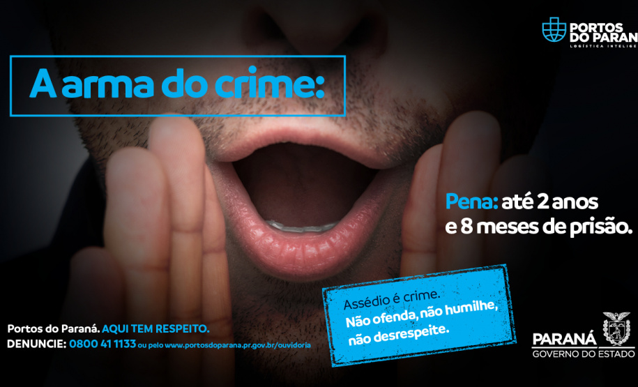 A Portos do Paraná lançou, esta semana, uma campanha para prevenir e combater situações de assédio, de todo e qualquer tipo, no ambiente de trabalho. Voltada principalmente para o público interno, colaboradores próprios e de empresas que atuam nos portos de Paranaguá e Antonina, a ação pretende conscientizar sobre a importância do respeito no ambiente portuário. Paranaguá, 13/02/2020 - Foto: Divulgação Portos do Paraná