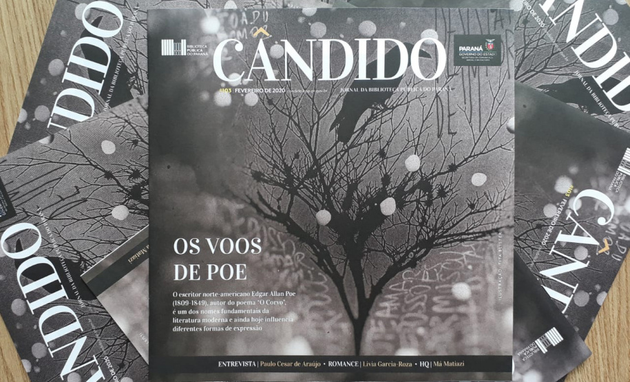 Um dos escritores mais populares de todos os tempos, o norte-americano Edgar Allan Poe (1809-1849) é o destaque da edição 103 do jornal Cândido, publicado pela Biblioteca Pública do Paraná (BPP). O especial de capa, assinado por João Lucas Dusi, resgata sua trajetória (marcada por perdas e controvérsias) e analisa seu legado na cultura contemporânea ? uma influência que vai além da literatura.   -  Curitiba, 18/02/2020  -  Foto: Divulgação BPP