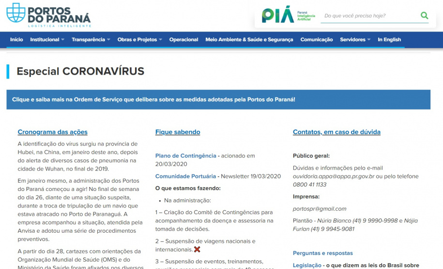 Página reúne informações sobre ações contra o coronavírus
