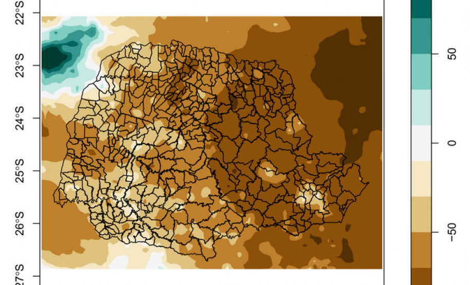Anomalia mensal de precipitação no Paraná em abril de 2020, indicando a diferença entre as chuvas esperadas (média histórica) e ocorridas em cada região
Fonte: Simepar