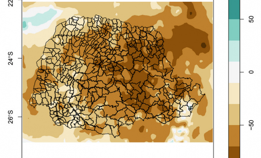 Anomalia trimestral de precipitação no Paraná de fevereiro a abril de 2020, indicando a memória hidrológica em cada região
Fonte: Simepar