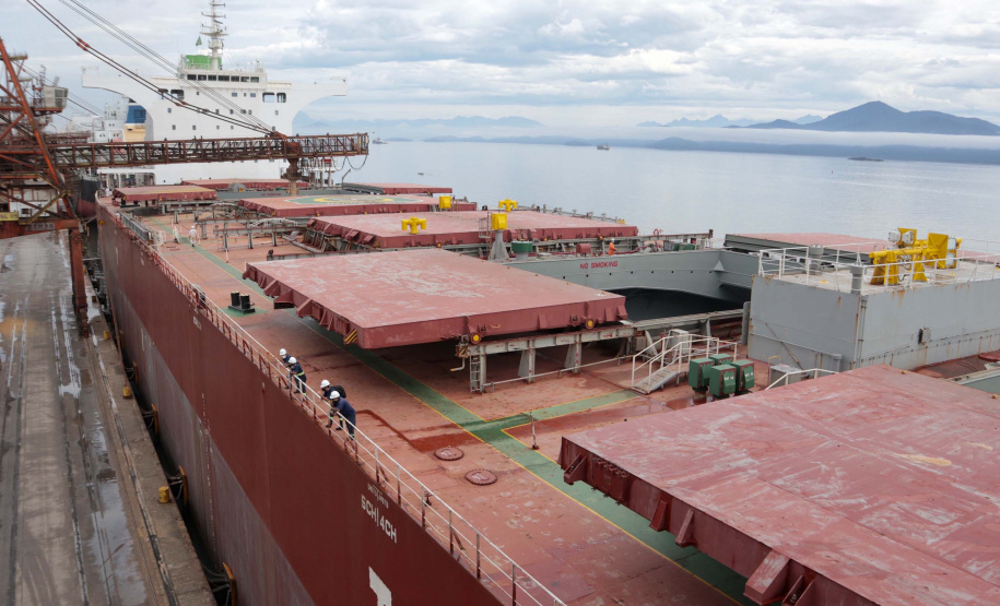 Navio carrega 103 mil toneladas de farelo no Porto de Paranaguá. Foto: Claudio Neves/Portos do Paraná