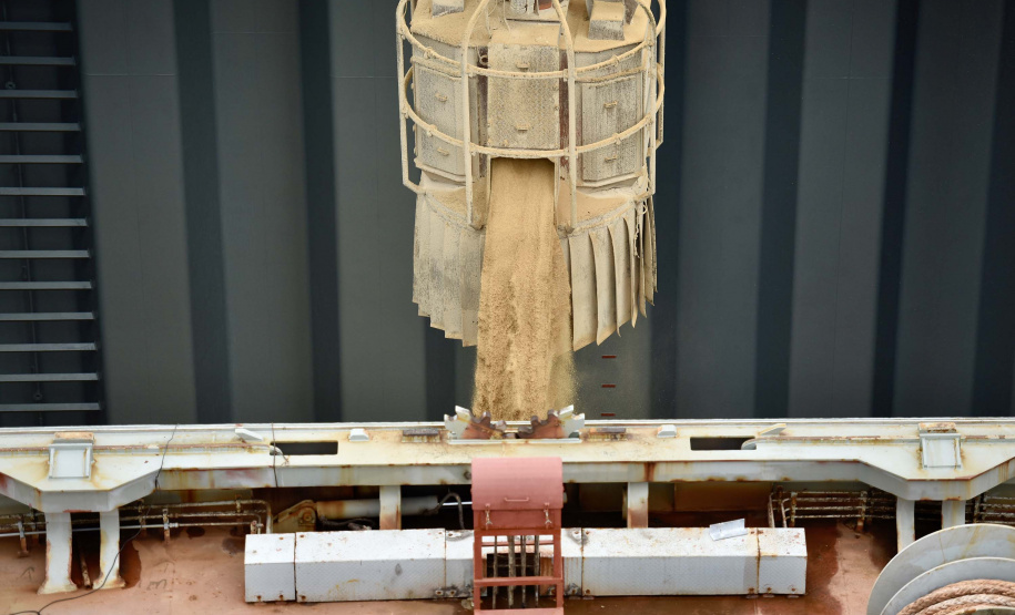 Navio carrega 103 mil toneladas de farelo no Porto de Paranaguá. Foto: Claudio Neves/Portos do Paraná