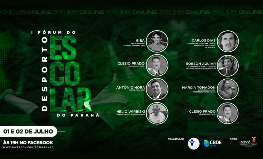 Nos dias 01 e 02 de julho acontece o I Fórum do Desporto Escolar, com transmissão via rede social (facebook.com/fdeparana).
Arte: Esporte PR