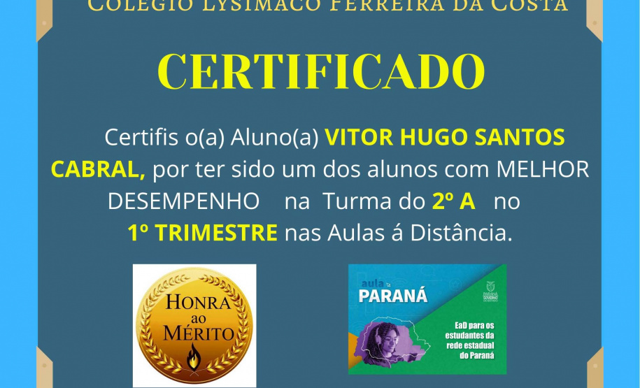 Escola no Noroeste premia alunos por desempenho no Aula Paraná.Imagem;SEED