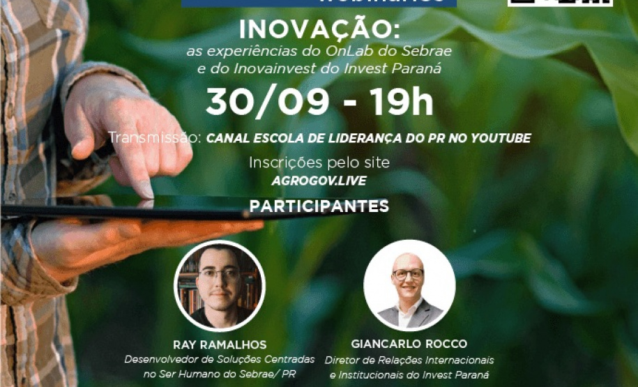 O seminário é um processo de sensibilização sobre a implantação do Laboratório de Inovação i-Lab Agro, a primeira experiência voltada ao tema agro no setor público brasileiro. Nesta quarta, o tema será o programa InovaInvest. Veja como se inscrever.