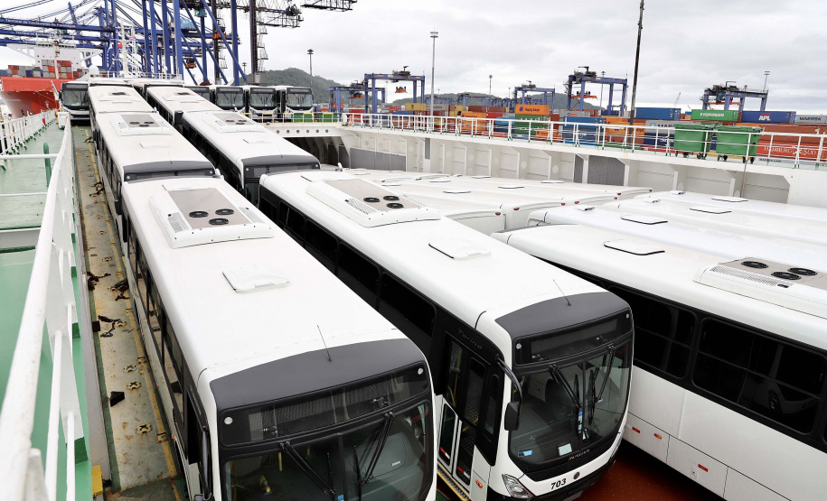 O maior embarque de ônibus da história do Porto de Paranaguá acontece nesta sexta-feira (13). Em um único lote, o navio Maestro Universe volta carrega 155 unidades. Os veículos de transporte coletivo serão levados para os portos de Boma, no Congo, e Luanda, em Angola. A previsão é que zarpe para a África no início da tarde. A viagem deve durar entre dez e 13 dias até os destinos. Foto: Claudio Neves