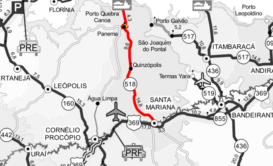 O Departamento de Estradas de Rodagem do Paraná (DER/PR) está realizando melhorias em
um trecho de 31,48 quilômetros da PR-518, de Santa Mariana até o rio Paranapanema, divisa
com São Paulo, no Norte Pioneiro.Foto: DER