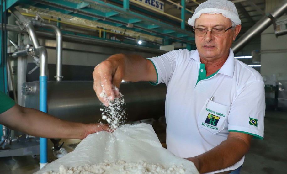 Em Terra Rica está instalada a Farinheira Roders, empresa de origem catarinense que desde 1997 se instalou no paraná para produção de farinha de mandioca. De acordo com Vilmar Roders, proprietário da empresa, são feitas mil toneladas de farinha por mês, sendo que 60% deste volume é destinado à exportação. Foto: José Fernando Ogura/AEN