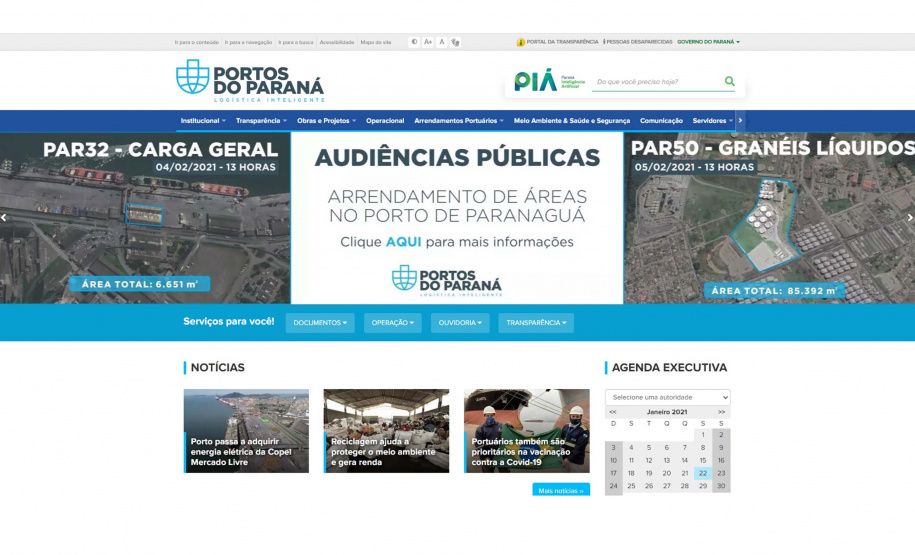 Nos próximos dias 4 e 5 de fevereiro, a Portos do Paraná realiza as audiências públicas que dão sequência ao processo de licitação de duas áreas disponíveis para novos arrendamentos, no Porto de Paranaguá. Este ano, em ambiente virtual, nas ocasiões a empresa pretende apresentar e receber sugestões para o aprimoramento da documentação necessária para a realização do certame.  -  Foto: Divulgação Portos do Paraná
