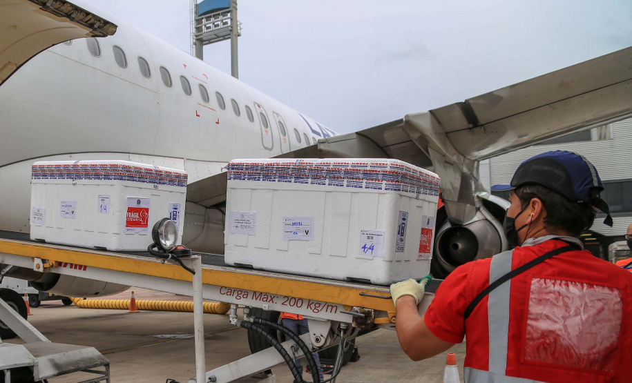 O Paraná recebeu nesta segunda-feira (25) um novo lote de vacinas com 39.600 doses contra a Covid-19, o terceiro em uma semana. Os imunizantes serão usados prioritariamente na proteção dos trabalhadores que estão na linha de frente do combate à pandemia, já que a Secretaria de Estado da Saúde (Sesa) confirmou que finalizou o processo de vacinação de dois importantes setores dentro do grupo prioritário. Foto: Valdelino Pontes