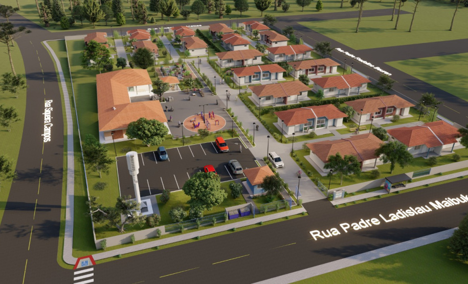 O governador Carlos Massa Ratinho Junior assinou nesta segunda-feira (22) a ordem de serviço para a construção de um Condomínio do Idoso em Ponta Grossa, nos Campos Gerais. O empreendimento será composto por 40 moradias destinadas a pessoas com 60 anos ou mais, que poderão usufruir de um amplo espaço com estrutura de saúde, lazer e acompanhamento social pagando apenas um aluguel social. - Foto/Arte: Divulgação Cohapar