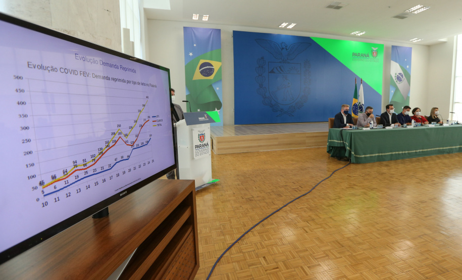 Coletiva Covid O governador Carlos Massa Ratinho Junior apresenta nesta sexta-feira (26), no Palácio Iguaçu, um panorama do cenário da pandemia no Estado e anuncia novas medidas de enfrentamento ao coronavírus, acompanhado do secretário da Saúde, Beto Preto e do chefe da Casa Civil, Guto Silva. Curitiba, 26/02/2021. Foto: Geraldo Bubniak/AEN