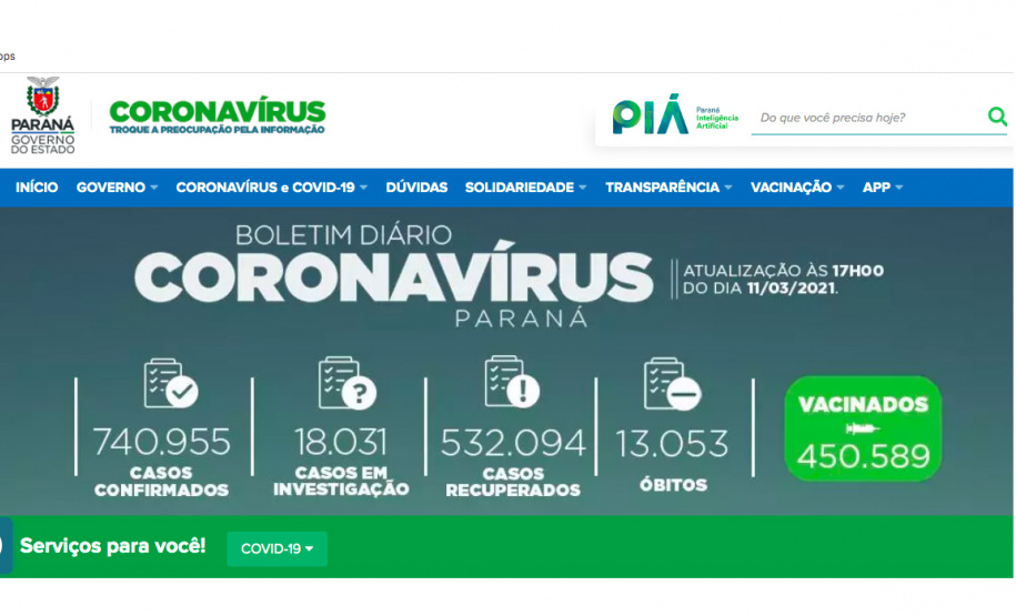 Site da Covid-19 registra mais de 3 milhões de visualizações. Campanha já teve 1,5 milhão de usuários únicos e 3 milhões de visualizações, fortalecendo a transparência do Governo do Estado sobre os dados da pandemia. Ele foi criado três dias após a confirmação dos primeiros casos de Covid-19 no Paraná, em 15 de março, e completará um ano nesta segunda. - Curitiba, 12/03/2021 - Foto: AEN