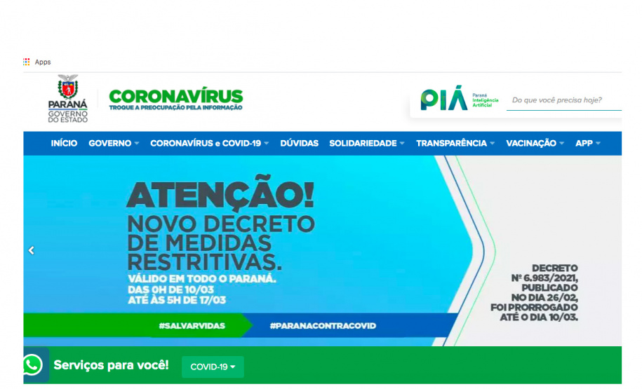 Site da Covid-19 registra mais de 3 milhões de visualizações. Campanha já teve 1,5 milhão de usuários únicos e 3 milhões de visualizações, fortalecendo a transparência do Governo do Estado sobre os dados da pandemia. Ele foi criado três dias após a confirmação dos primeiros casos de Covid-19 no Paraná, em 15 de março, e completará um ano nesta segunda. - Curitiba, 12/03/2021 - Foto: AEN