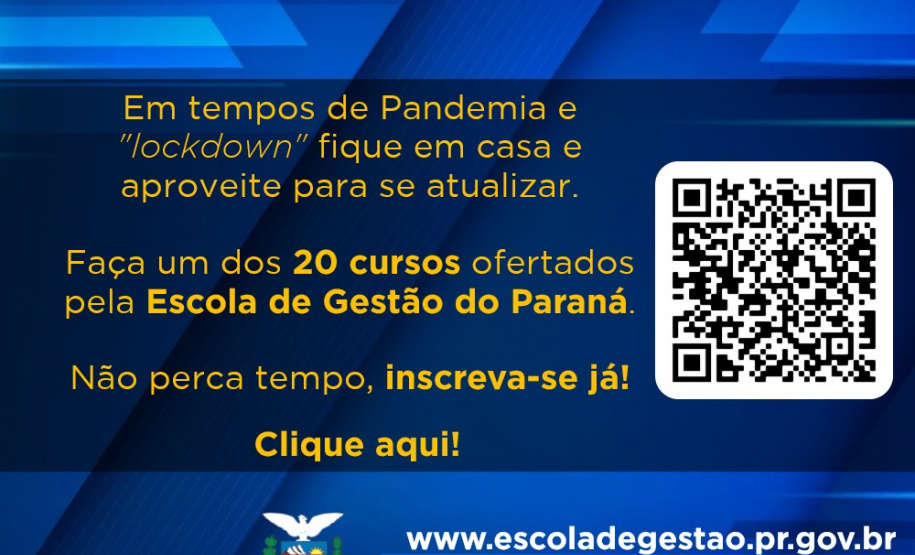 A Secretaria da Administração e da Previdência, por meio de sua Escola de Gestão do Paraná (EGP), abriu, excepcionalmente, a inscrição para 20 cursos de modo a possibilitar que os servidores que estão em teletrabalho possam se atualizar durante o período de lockdown.  - Curitiba, 18/03/2021  -  Foto/Arte: Divulgação Escola de Gestão