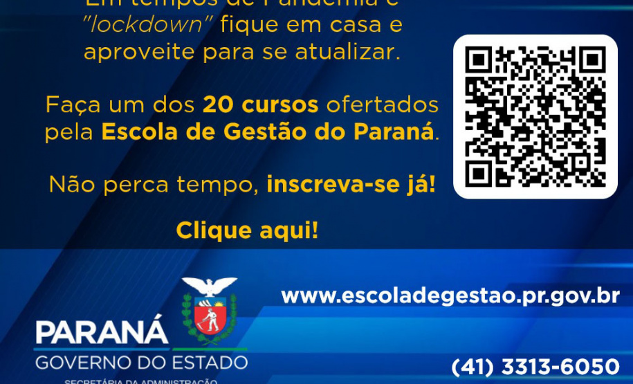A Secretaria da Administração e da Previdência, por meio de sua Escola de Gestão do Paraná (EGP), abriu, excepcionalmente, a inscrição para 20 cursos de modo a possibilitar que os servidores que estão em teletrabalho possam se atualizar durante o período de lockdown.  - Curitiba, 18/03/2021  -  Foto/Arte: Divulgação Escola de Gestão