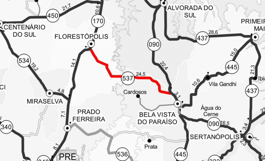 O Departamento de Estradas de Rodagem do Paraná (DER/PR) está concluindo as melhorias na PR-537, entre Florestópolis e o distrito Santa Margarida, de Bela Vista do Paraíso, na região Norte do estado. Foram investidos R$ 3.328.289,35 para atender todos os pontos considerados críticos no trecho, que tem uma extensão de 24,46 quilômetros. - Curitiba, 23/03/2021 - Foto: Divulgação DER