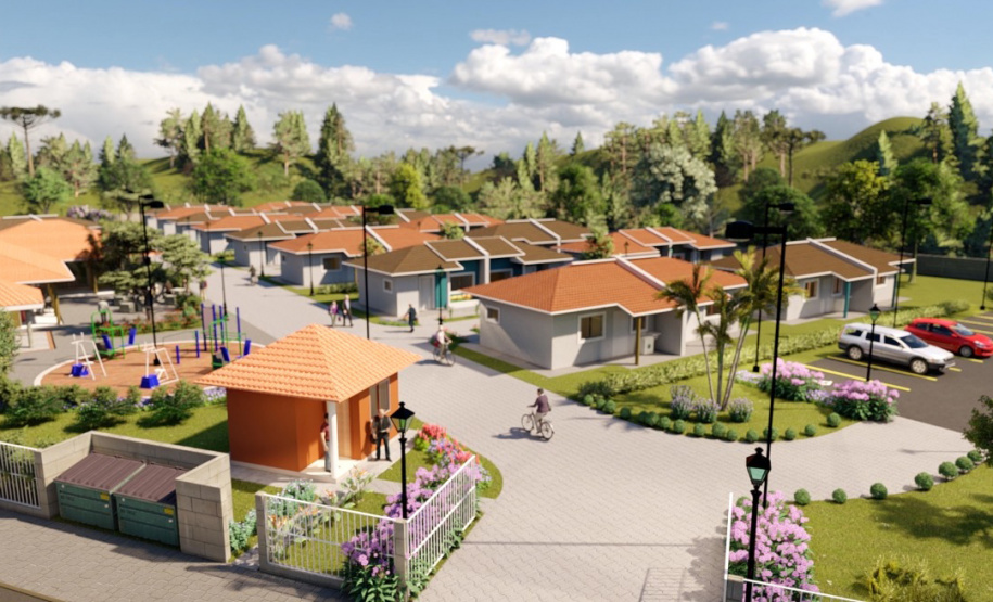 A cidade de Telêmaco Borba, na região dos Campos Gerais, terá até o fim de 2021 o seu primeiro condomínio dos idosos. Serão investidos R$ 3,8 milhões em recursos do Governo do Estado para a construção de 40 moradias a pessoas com 60 anos ou mais, dentro do programa Viver Mais Paraná. - Foto/Arte: Cohapar