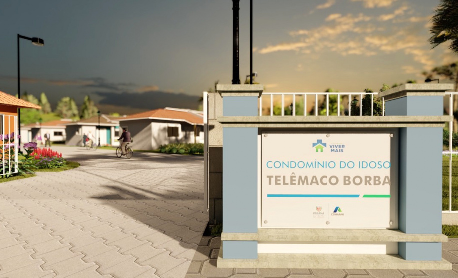 A cidade de Telêmaco Borba, na região dos Campos Gerais, terá até o fim de 2021 o seu primeiro condomínio dos idosos. Serão investidos R$ 3,8 milhões em recursos do Governo do Estado para a construção de 40 moradias a pessoas com 60 anos ou mais, dentro do programa Viver Mais Paraná. - Foto/Arte: Cohapar