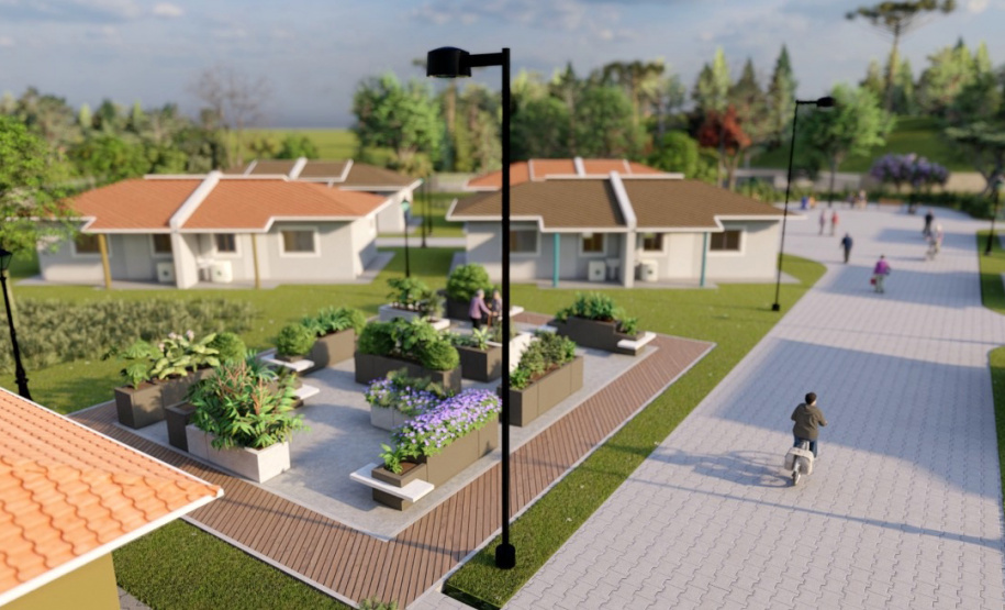 A cidade de Telêmaco Borba, na região dos Campos Gerais, terá até o fim de 2021 o seu primeiro condomínio dos idosos. Serão investidos R$ 3,8 milhões em recursos do Governo do Estado para a construção de 40 moradias a pessoas com 60 anos ou mais, dentro do programa Viver Mais Paraná. - Foto/Arte: Cohapar