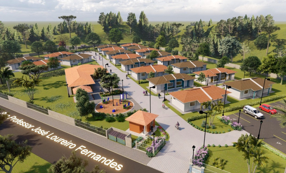 A cidade de Telêmaco Borba, na região dos Campos Gerais, terá até o fim de 2021 o seu primeiro condomínio dos idosos. Serão investidos R$ 3,8 milhões em recursos do Governo do Estado para a construção de 40 moradias a pessoas com 60 anos ou mais, dentro do programa Viver Mais Paraná. - Foto/Arte: Cohapar