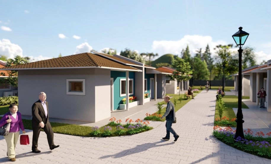 A cidade de Telêmaco Borba, na região dos Campos Gerais, terá até o fim de 2021 o seu primeiro condomínio dos idosos. Serão investidos R$ 3,8 milhões em recursos do Governo do Estado para a construção de 40 moradias a pessoas com 60 anos ou mais, dentro do programa Viver Mais Paraná. - Foto/Arte: Cohapar