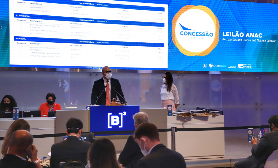 Afonso Pena e outros três aeroportos do Paraná passam à concessão privada.O governador Carlos Massa Ratinho Junior e o secretário estadual da Infraestrutura, Sandro Alex, acompanharam o leilão na sede da B3, em São Paulo. Foto: José Fernando Ogura/AEN