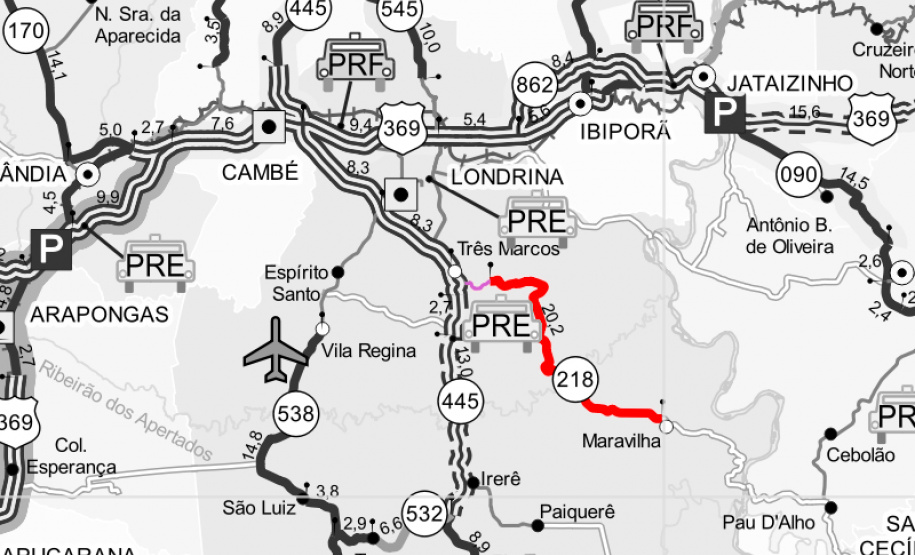 O Departamento de Estradas de Rodagem do Paraná (DER/PR) está realizando melhorias na PR-218, entre Maravilha, distrito de Londrina, na região Norte, e o entroncamento com a PR-445, em uma extensão de 23,71 quilômetros. - Curitiba, 22/04/2021 - Foto: DER/PR