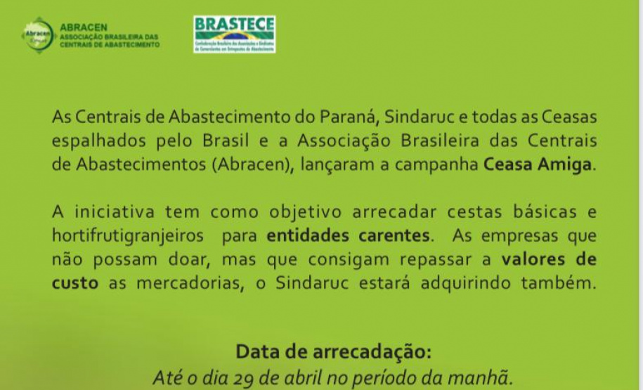 A Ceasa Paraná em conjunto com o Sindicato dos Permissionários da Ceasa Curitiba - Sindaruc, iniciou no começo desta semana uma campanha entre os atacadistas e produtores que atuam no mercado para arrecadação de cestas básicas, e produtos hortigranjeiros. A ação faz parte do projeto Ceasa Amiga, lançada nacionalmente pela Associação Brasileira das Centrais de Abastecimento - Abracen.  -  Curitiba, 28/04/2021  -  Foto: CEASA