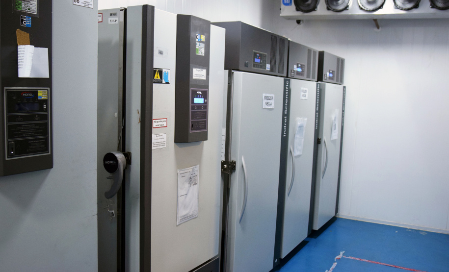 O Paraná está preparado para receber as doses da vacina da Pfizer e  conta hoje (28) com nove frezeers para armazenamento do imunizante; sete são de ultrabaixa temperatura (-80ºC), podendo armazenar as doses por até 6 meses, e dois são de temperatura de -20ºC, que podem ser utilizados para armazenamento inicial das doses.  -  Curitiba, 28/04/2021  -  Foto: Américo Antonio/SESA