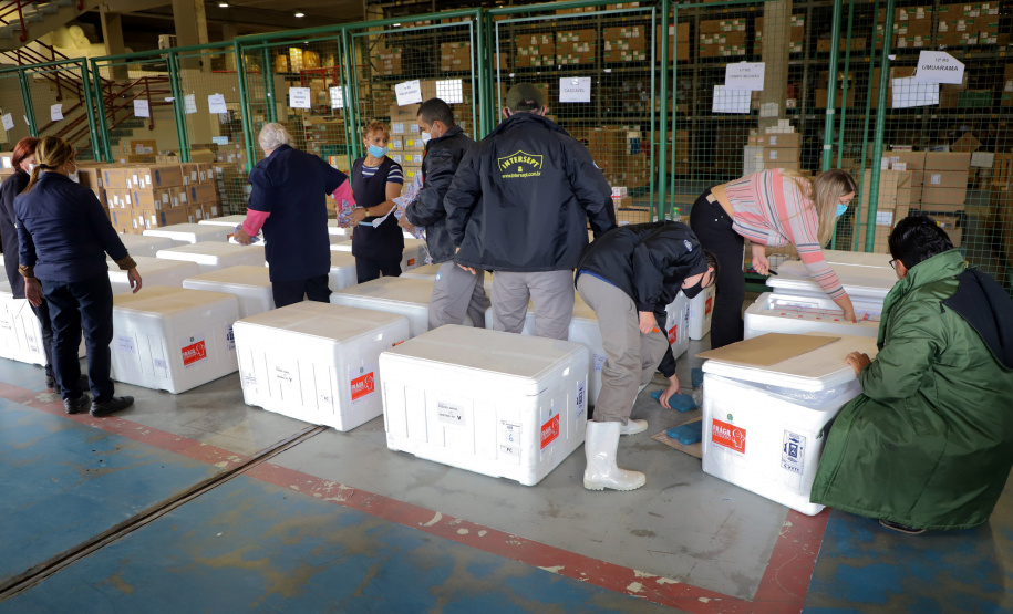 São 303.000 doses da Covishield, da Universidade de Oxford/Astrazeneca/Fiocruz, e 6.200 doses da Coronavac. Doses serão distribuídas às 22 Regionais do Paraná a partir das 8h desta sexta-feira (29). Foto: Ari Dias/AEN