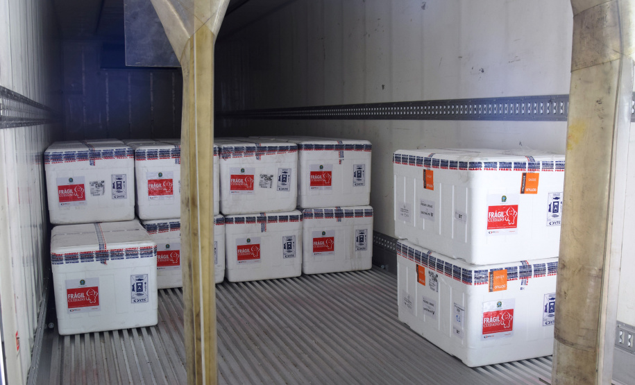 O Paraná recebeu na manhã deste sábado (1º) 14.600 doses da Coronavac, fabricada pelo Instituto Butantan/Sinovac. O volume é parte das 406.100 doses de vacinas contra a Covid-19, referentes ao 16° lote enviado pelo Ministério da Saúde ao Estado.  -  Curitiba, 01/05/2021  -  Foto: Américo Antonio/SESA